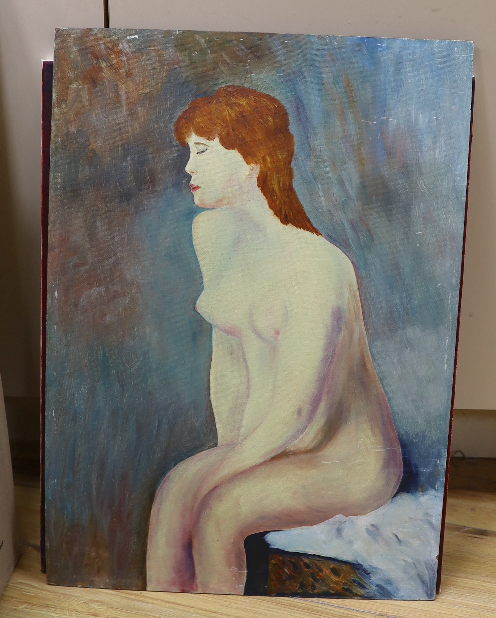 Collection of pictures and prints including oil on canvas, Semi-nude female, signed Ellectra and two hand coloured maps